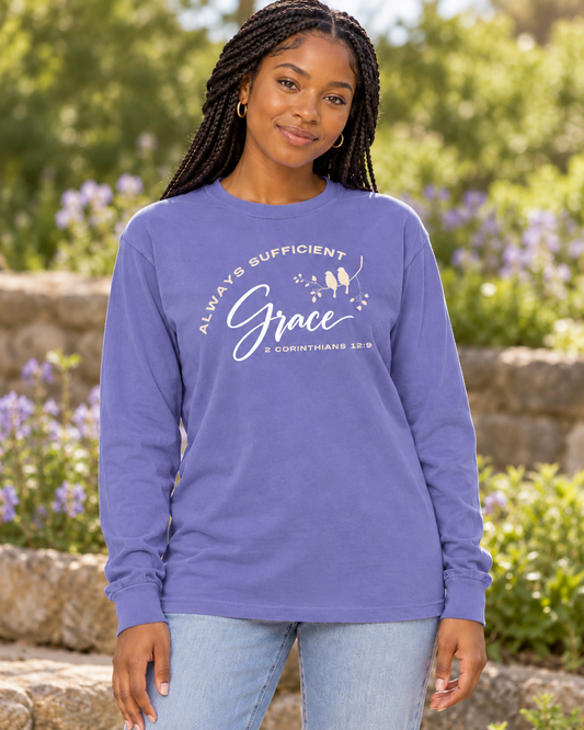 Always Sufficient Grace Violet Garment-Dyed Long Sleeve Tee